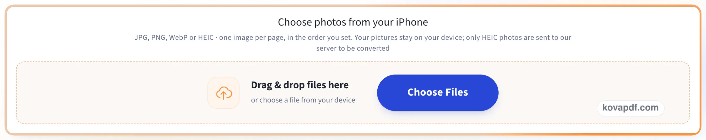 The Convert iPhone photos to PDF upload box before any photo is chosen