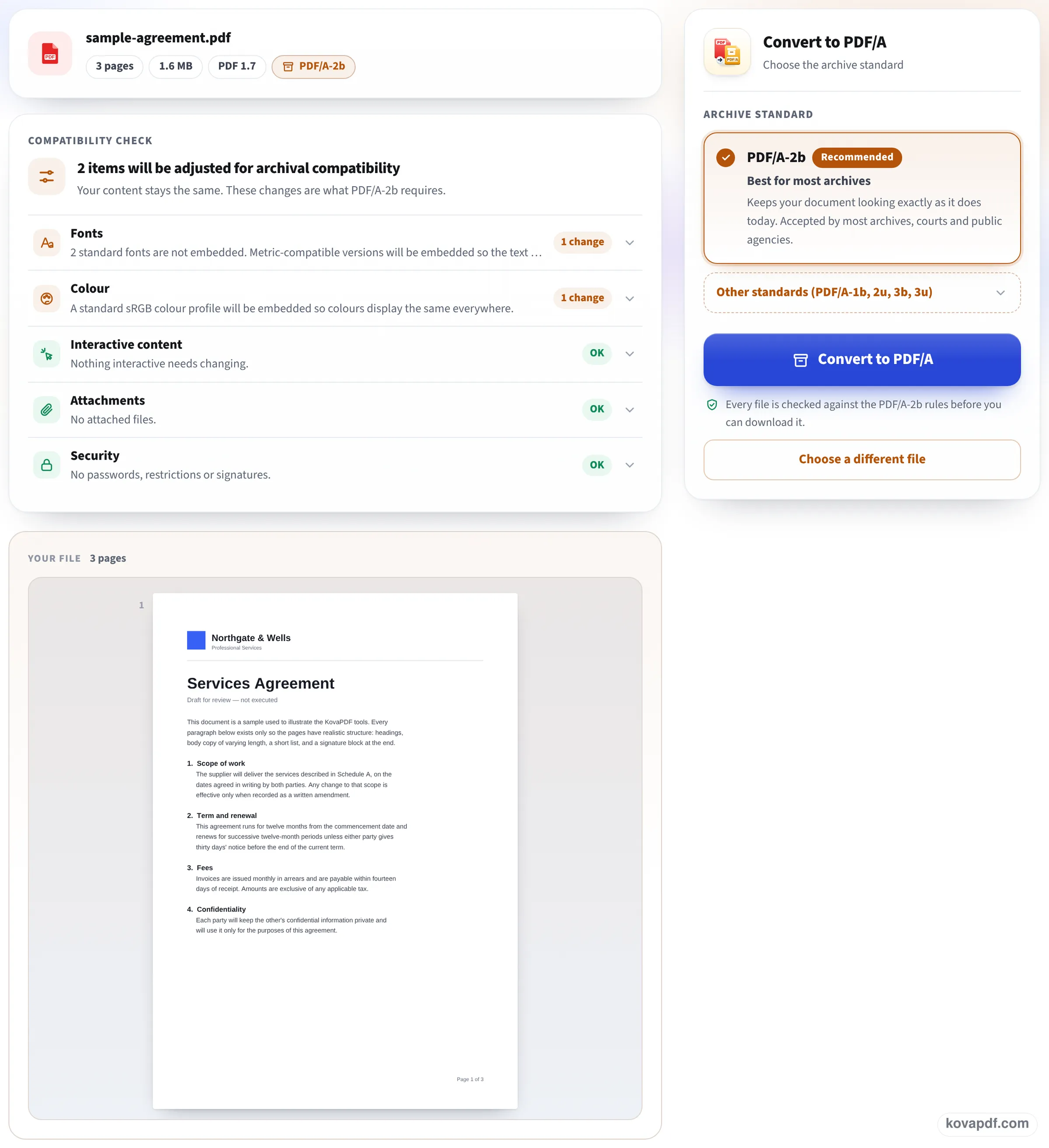 Compatibility check listing fonts, colour, interactive content, attachments and security, with PDF/A-2b chosen