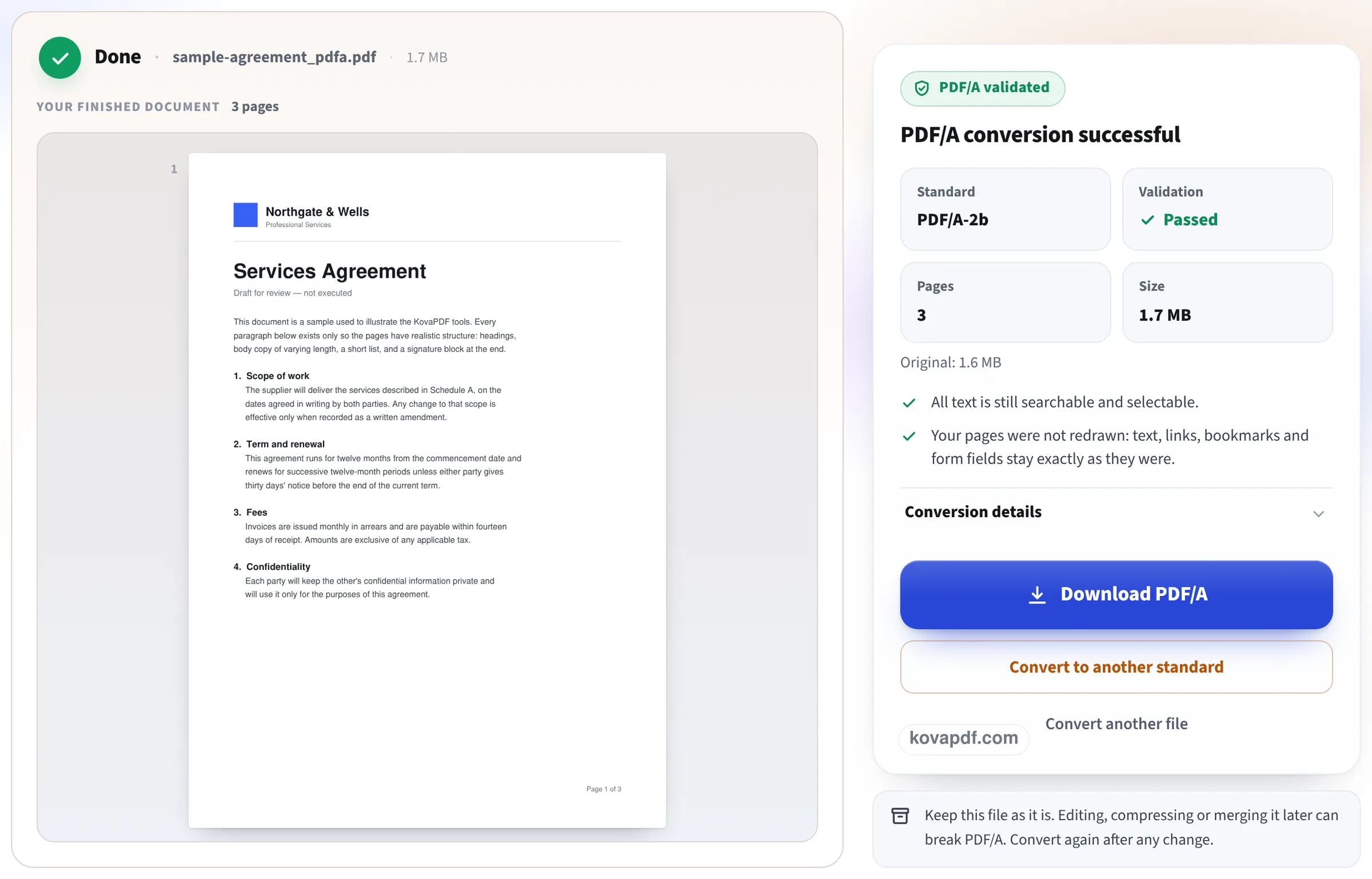 Result screen showing PDF/A validated, standard PDF/A-2b, validation passed, and a Download PDF/A button