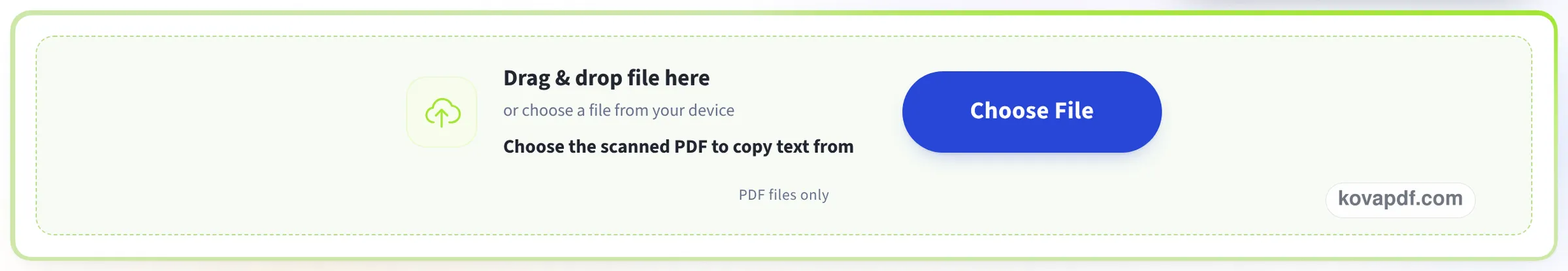 The upload box on the Copy text from a scanned PDF page, asking for the scanned PDF to copy text from