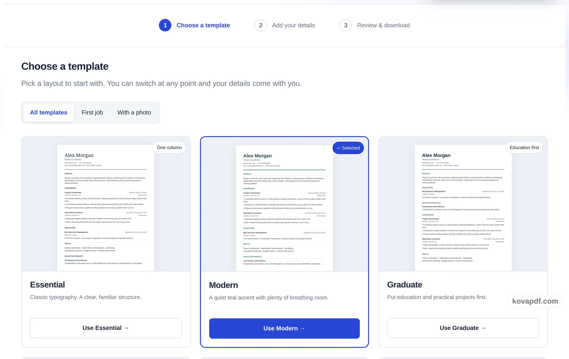 The CV Maker template picker with six CV layouts shown as page previews