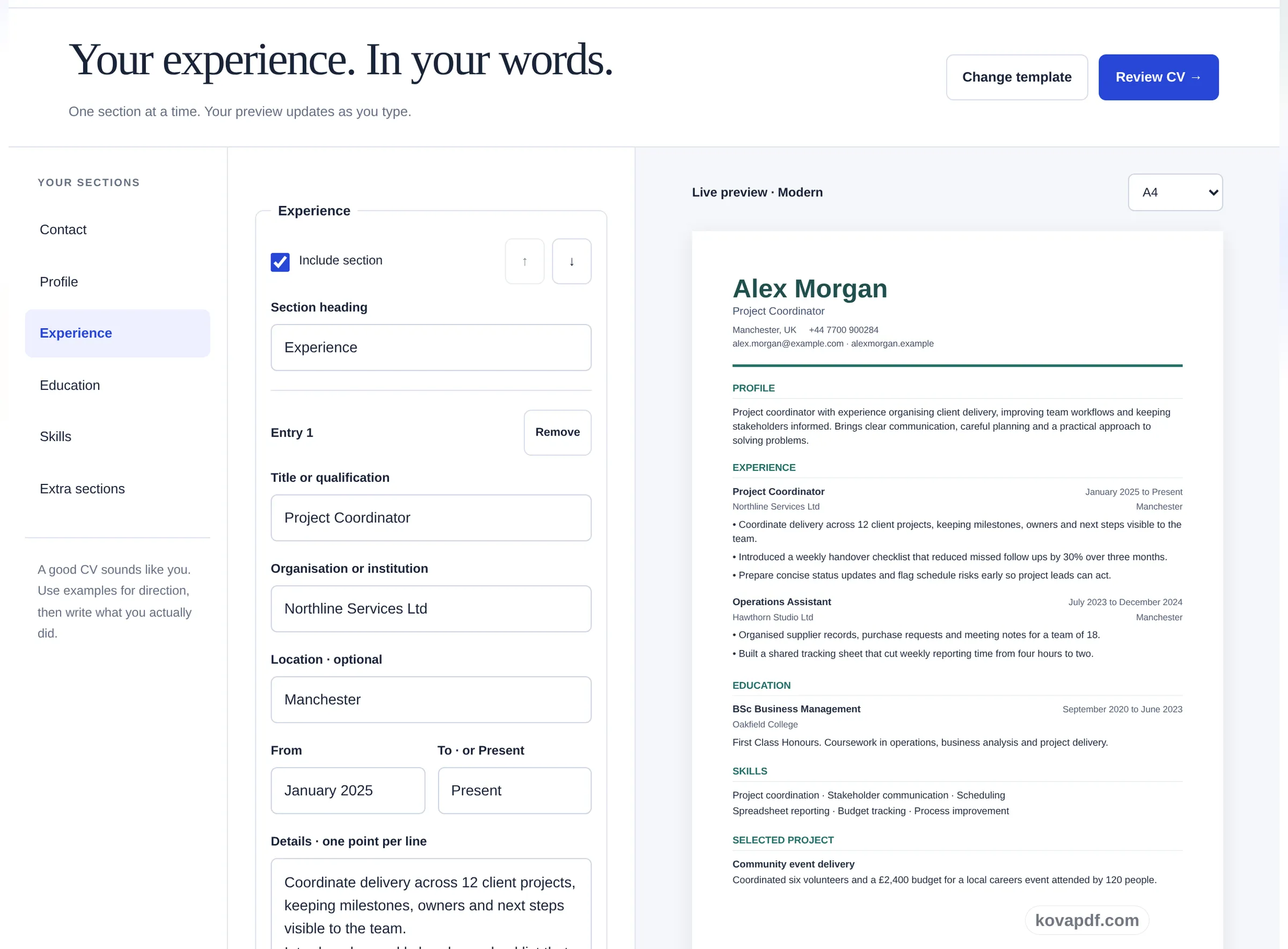 The CV Maker editor with the experience form on the left and the live CV preview on the right