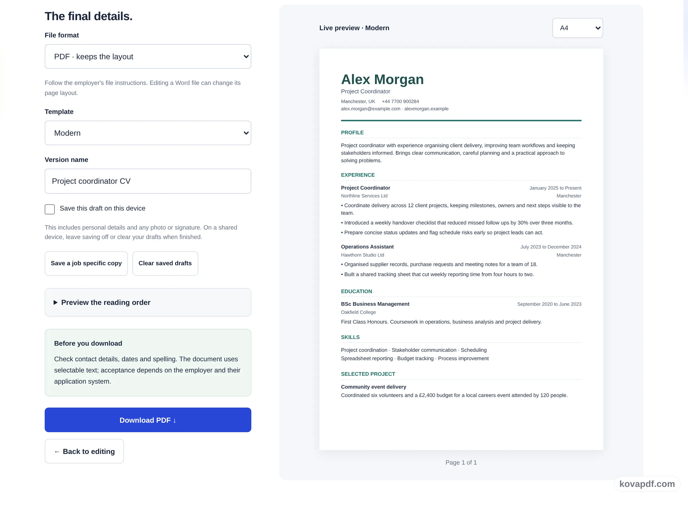 The CV Maker review screen with file format, template and download options beside the finished CV