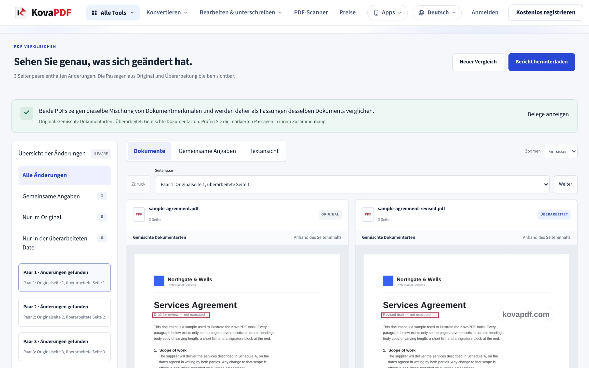 Der Arbeitsbereich von PDF vergleichen mit zwei Seiten nebeneinander und umrahmten Änderungen