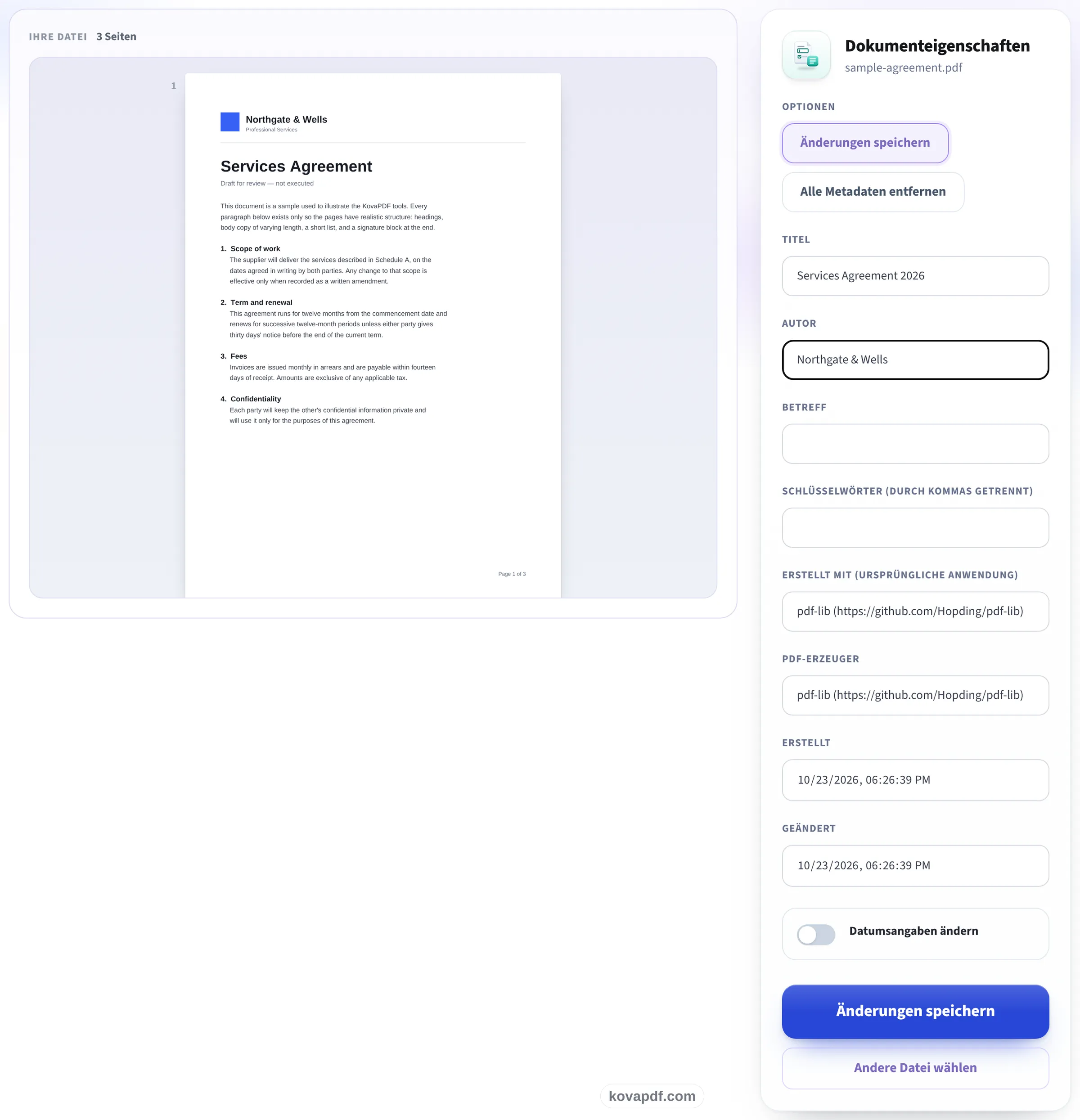 Die Ansicht von PDF-Metadaten bearbeiten mit den Feldern für die Dokumentangaben