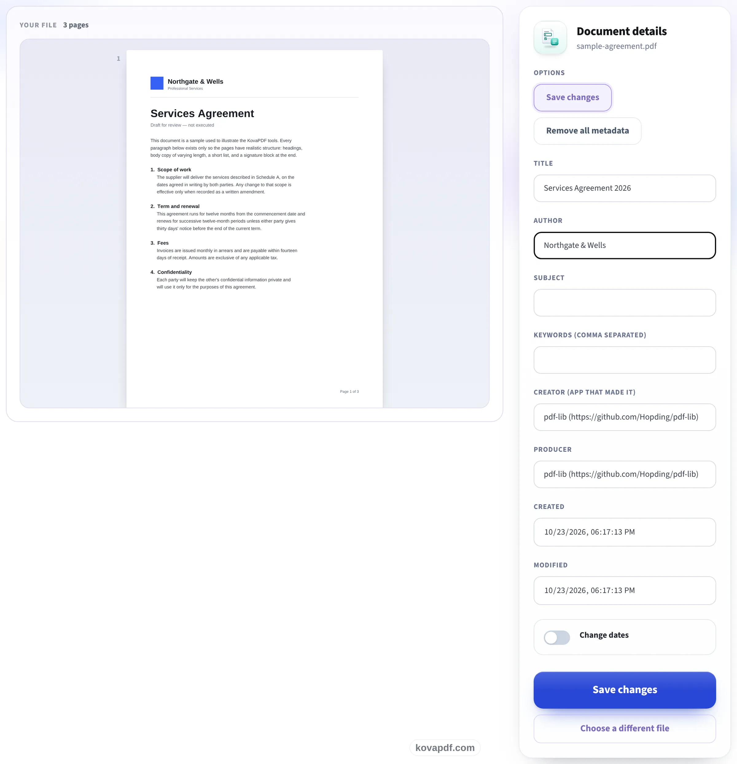The Edit PDF Metadata screen with the document detail fields