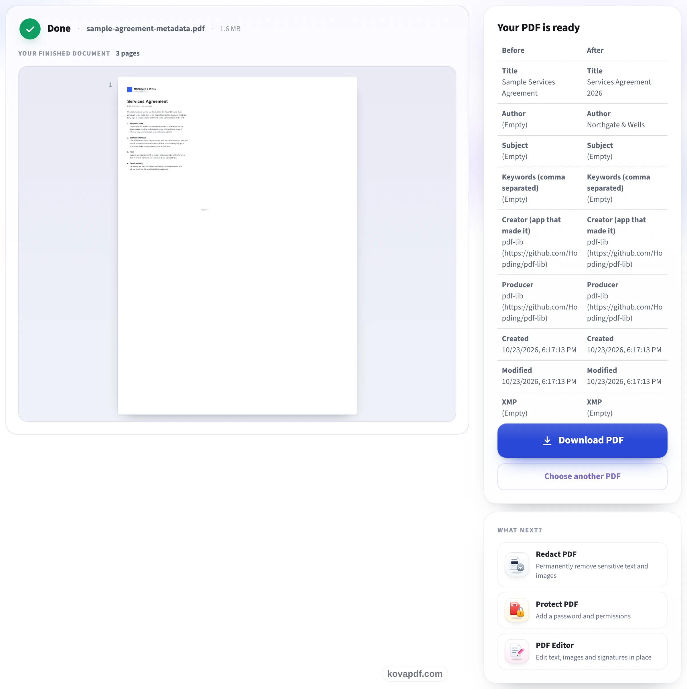 The Edit PDF Metadata result screen with the Before and After table