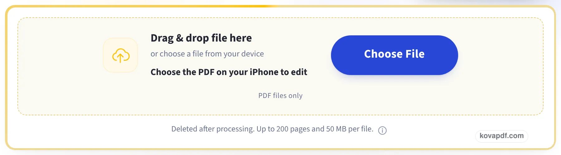 The upload box on the Edit PDF on iPhone page, asking for the PDF on your iPhone to edit