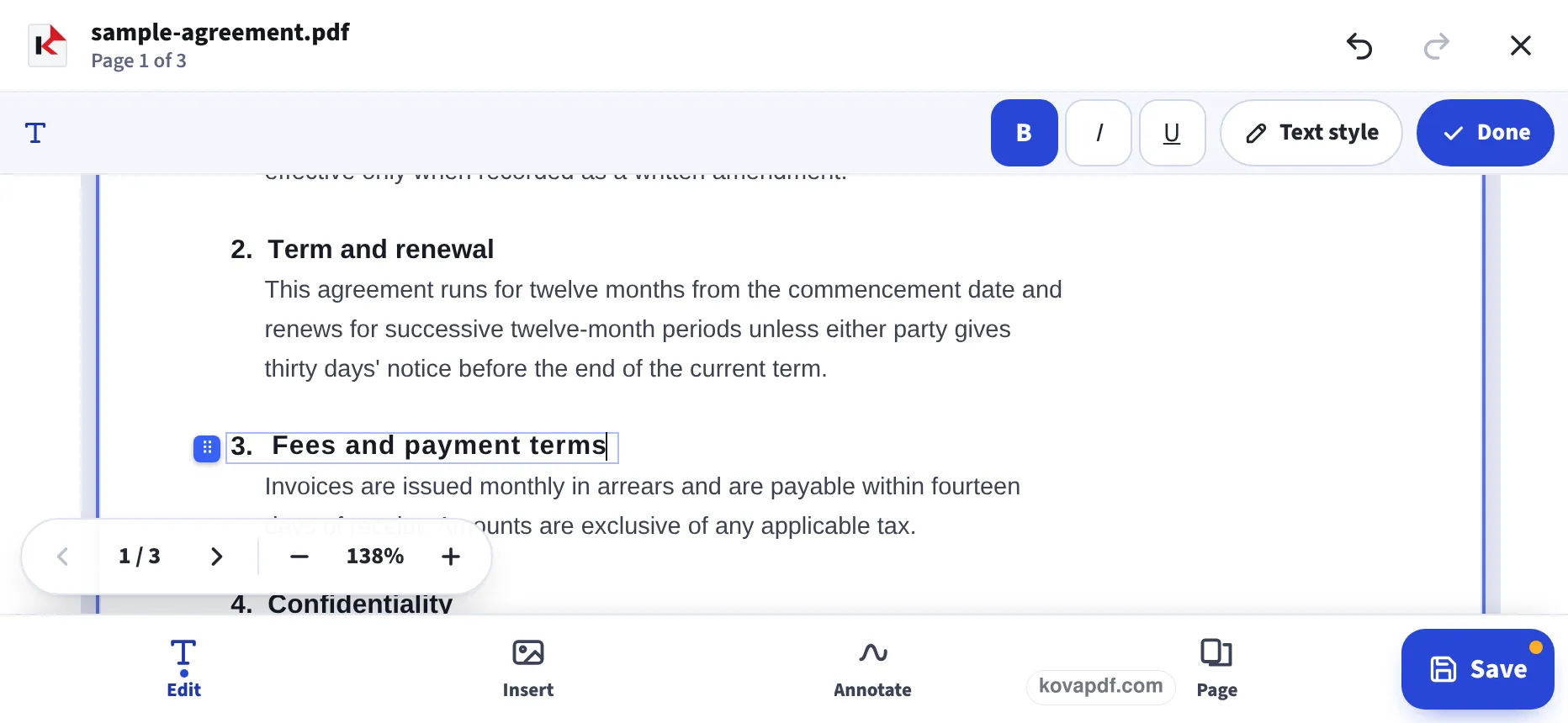 The phone layout of the editor with the clause heading retyped as 3. Fees and payment terms and the text bar open at the top