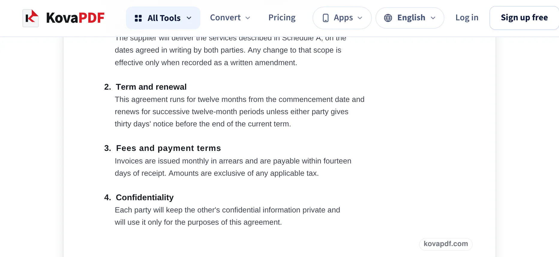 The saved agreement in the phone window showing the new heading 3. Fees and payment terms above the unchanged clause