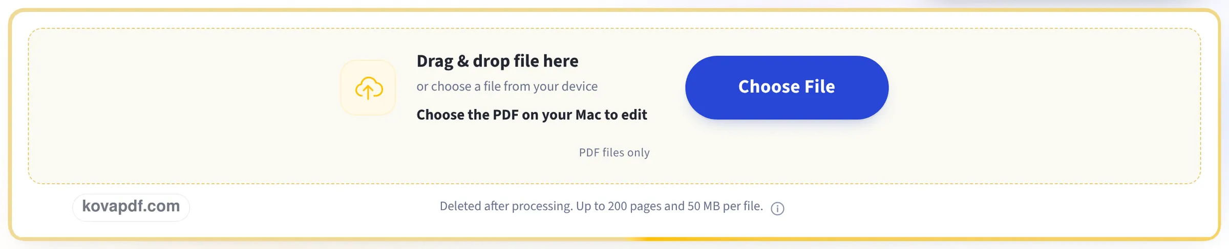 The upload box on the Edit PDF on Mac page, asking for the PDF on your Mac to edit