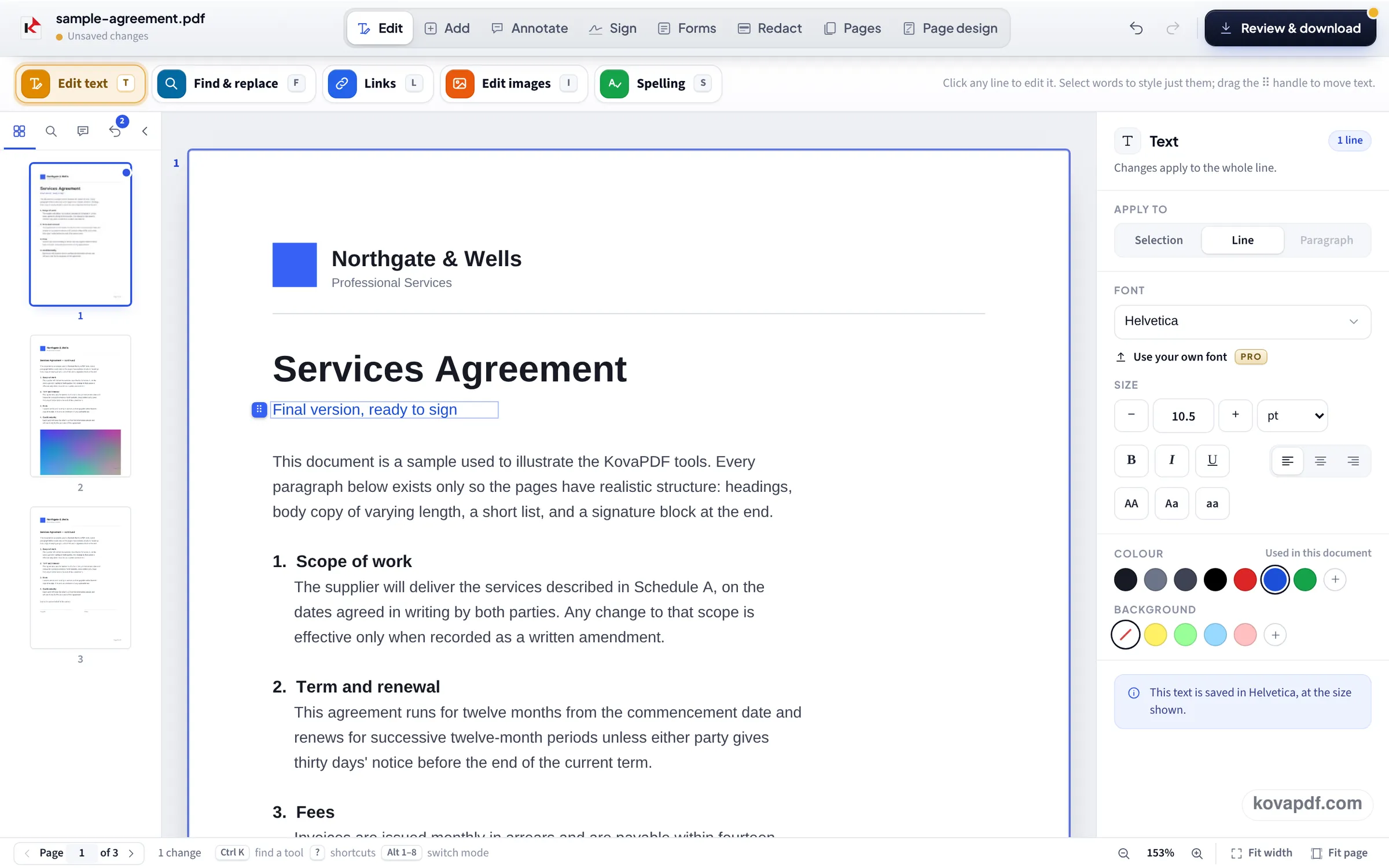 The editor with the line under the title retyped as Final version, ready to sign in blue, and the text panel open on the right