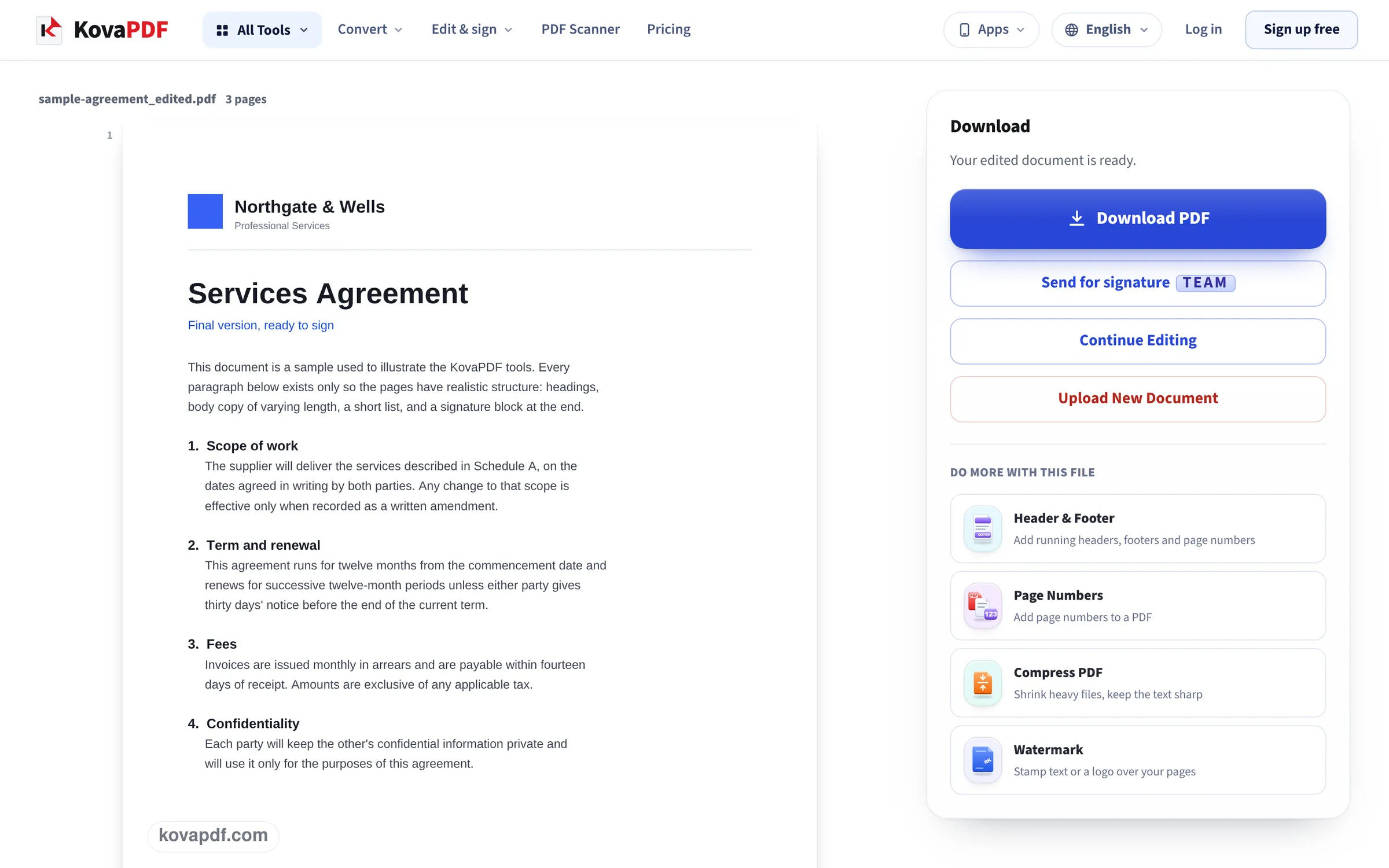 The download screen showing the saved agreement with the retyped blue line under the title