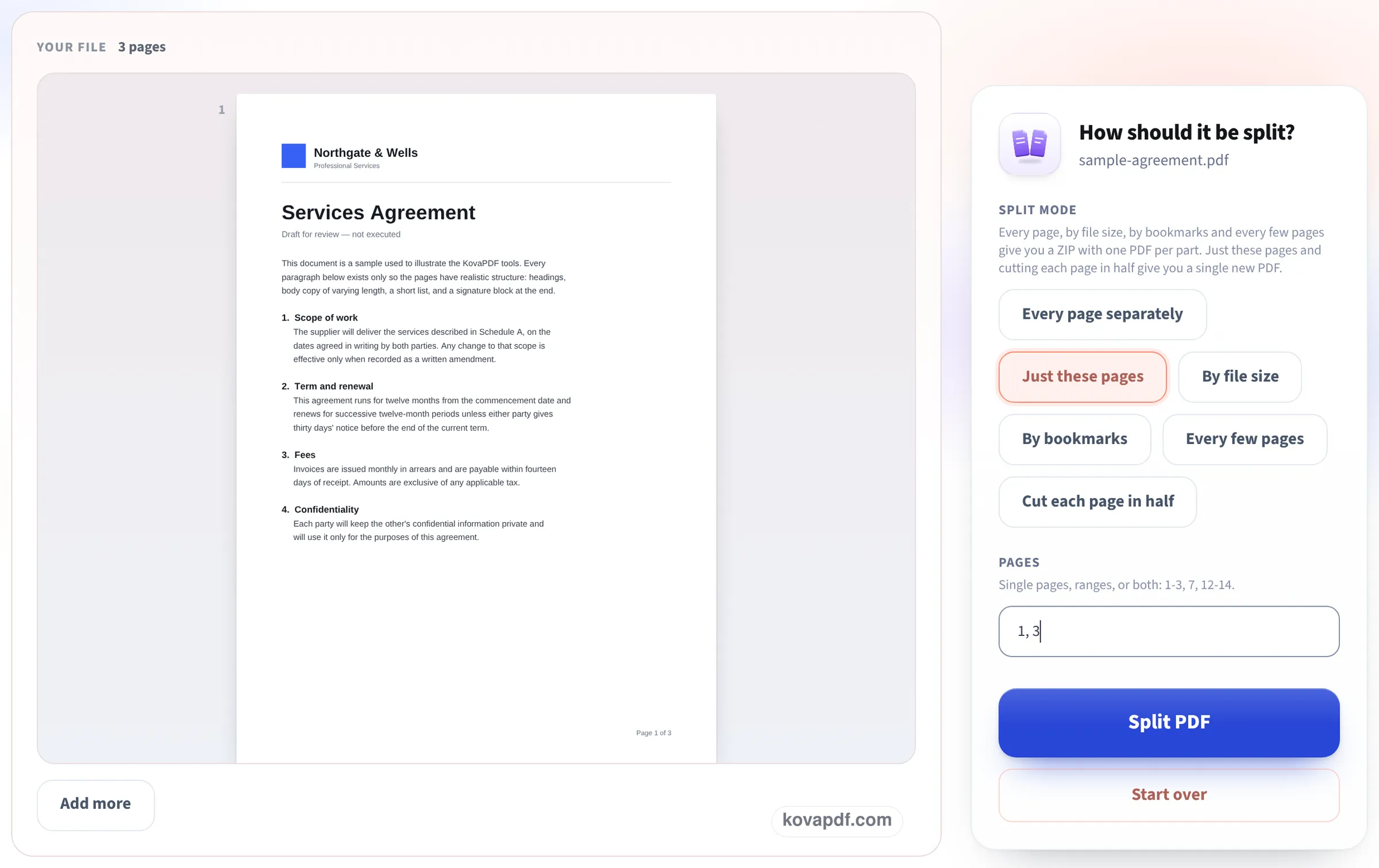 The split screen with Just these pages highlighted and 1, 3 typed in the Pages box above the Split PDF button