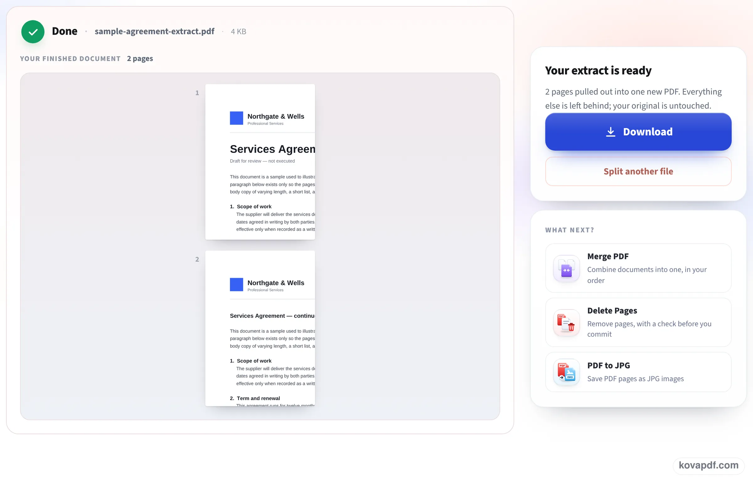 The Done screen showing a 2-page extract with its two pages previewed and a Download button