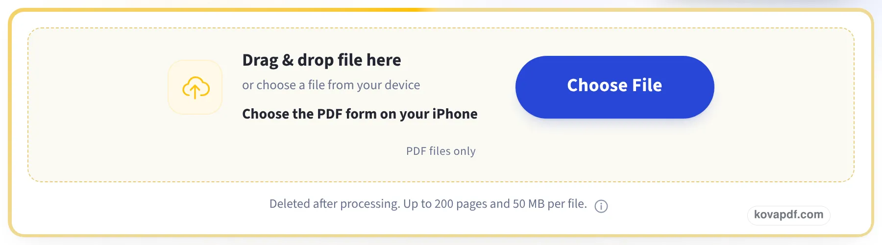 The upload box on the Fill PDF form on iPhone page, asking for the PDF form on your iPhone