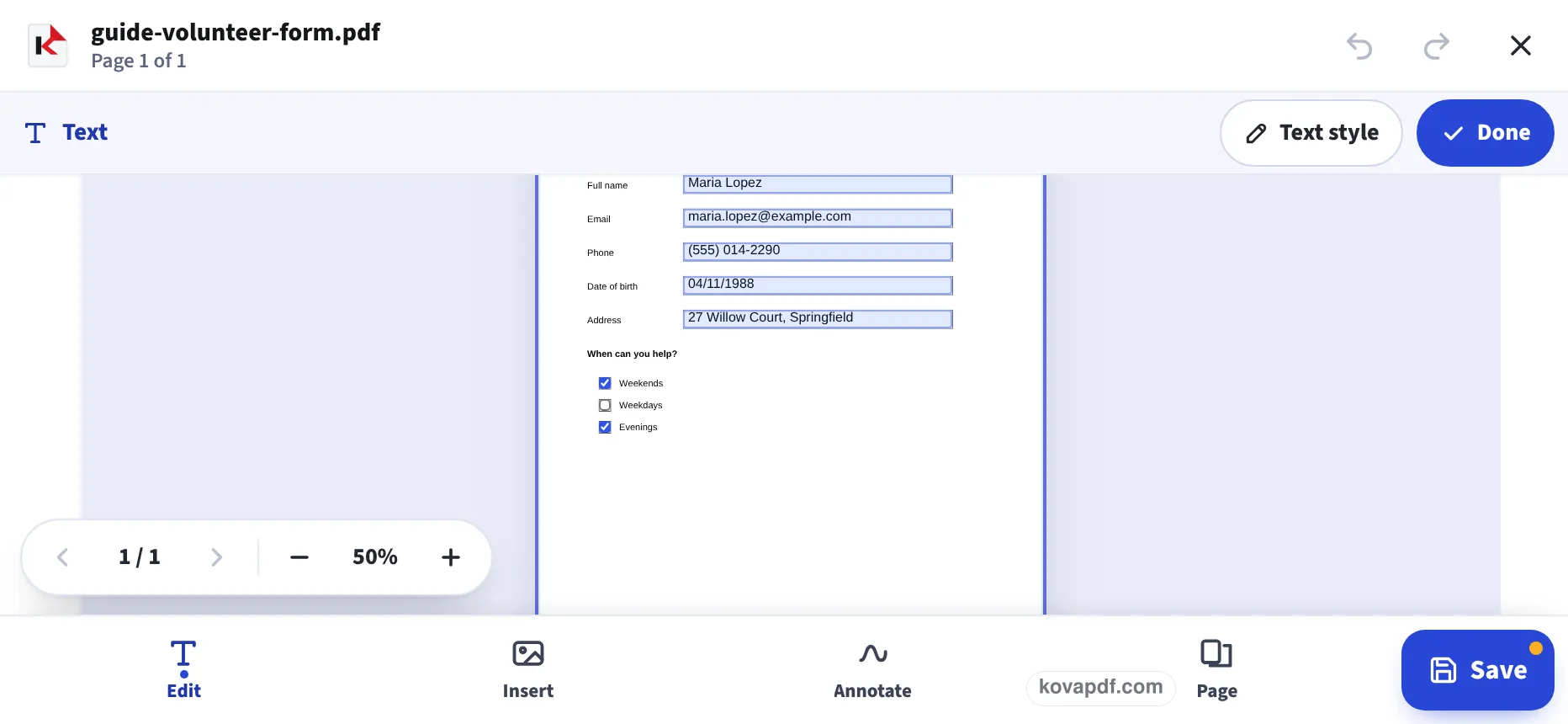 The phone layout of the editor with the volunteer form filled in: name, email, phone, date of birth and address typed in their boxes