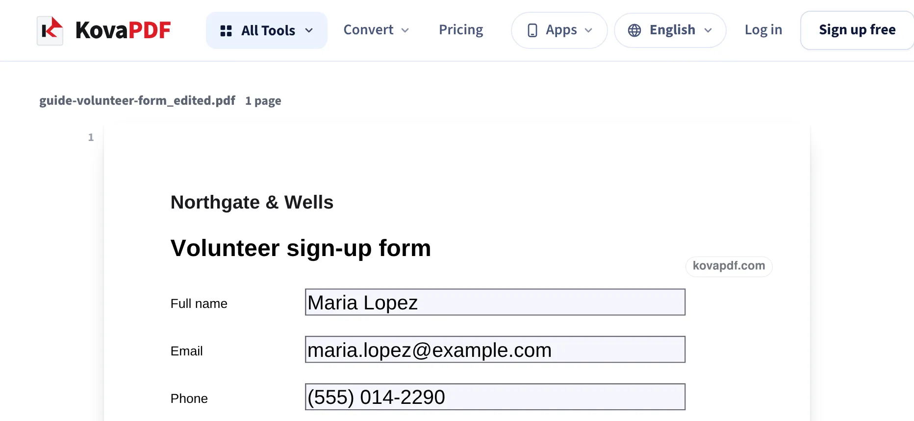 The saved volunteer form in the phone window, with Maria Lopez, her email and phone number in their boxes