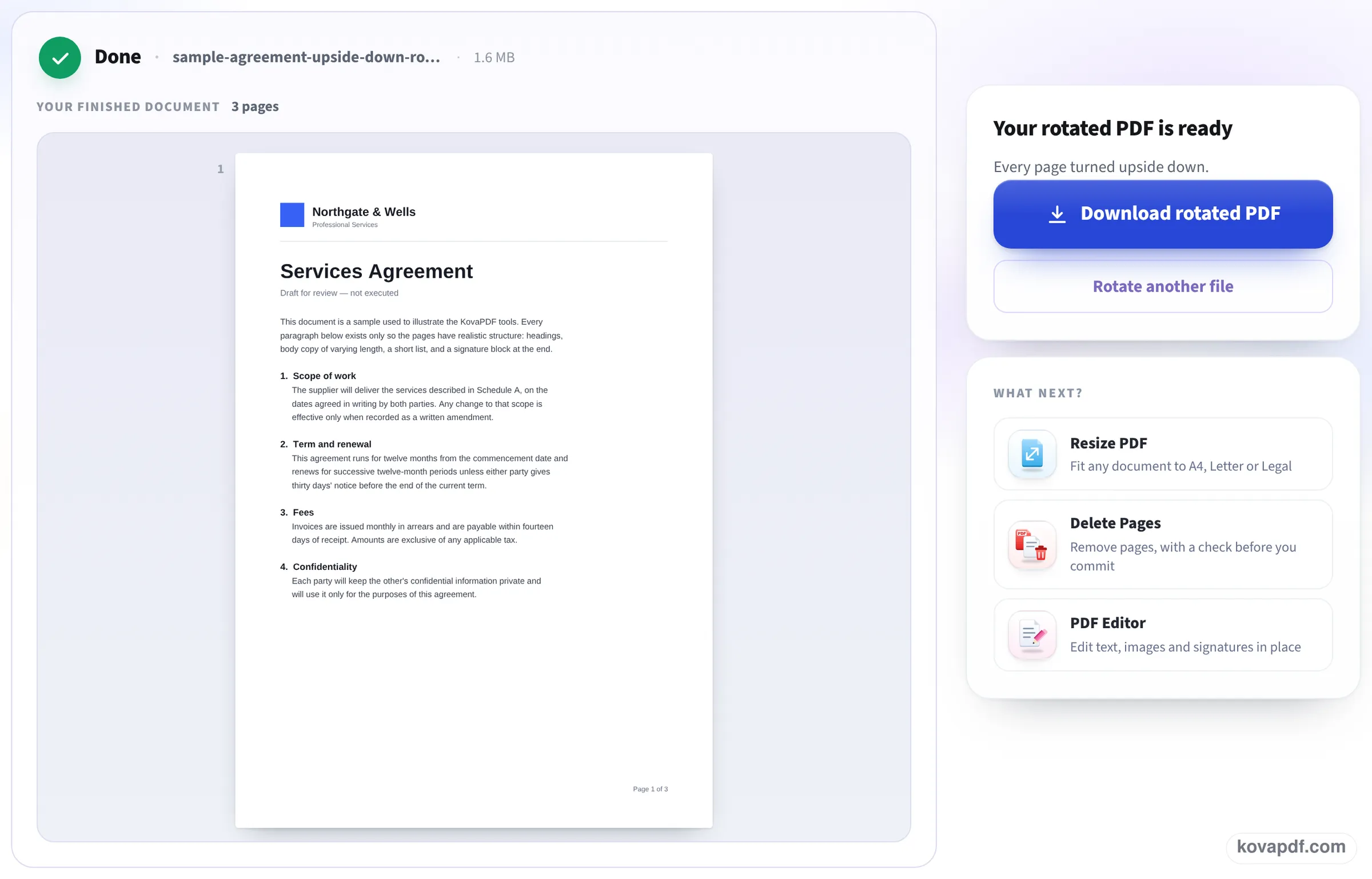 The Done screen with the sample agreement now upright and the Download rotated PDF button