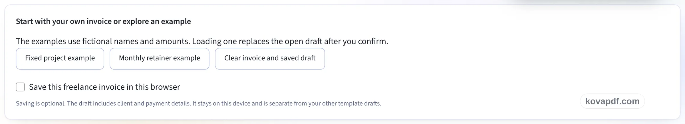The Freelance Invoice Generator start card with the example buttons and the saving option