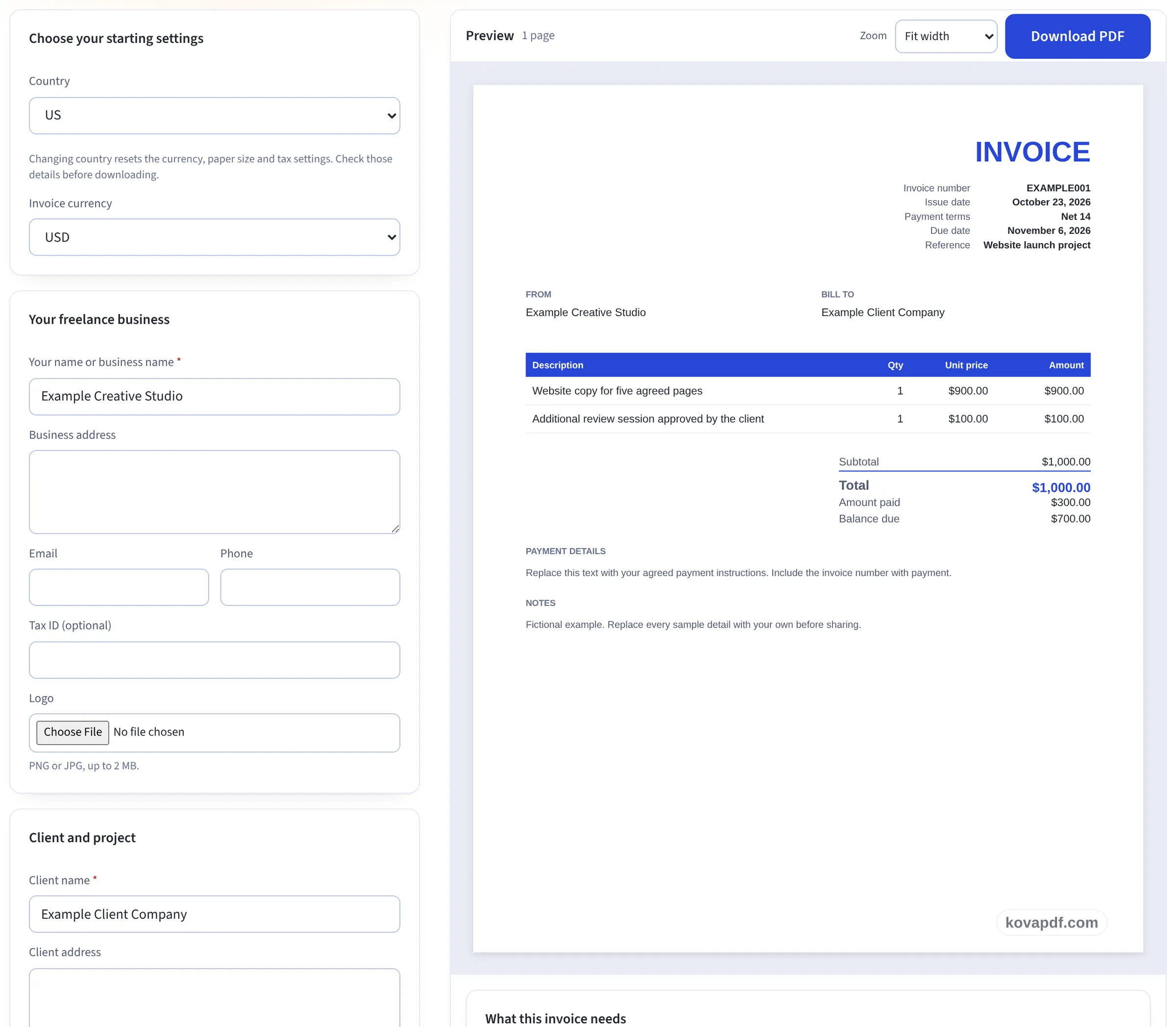 The Freelance Invoice Generator form beside its live invoice preview