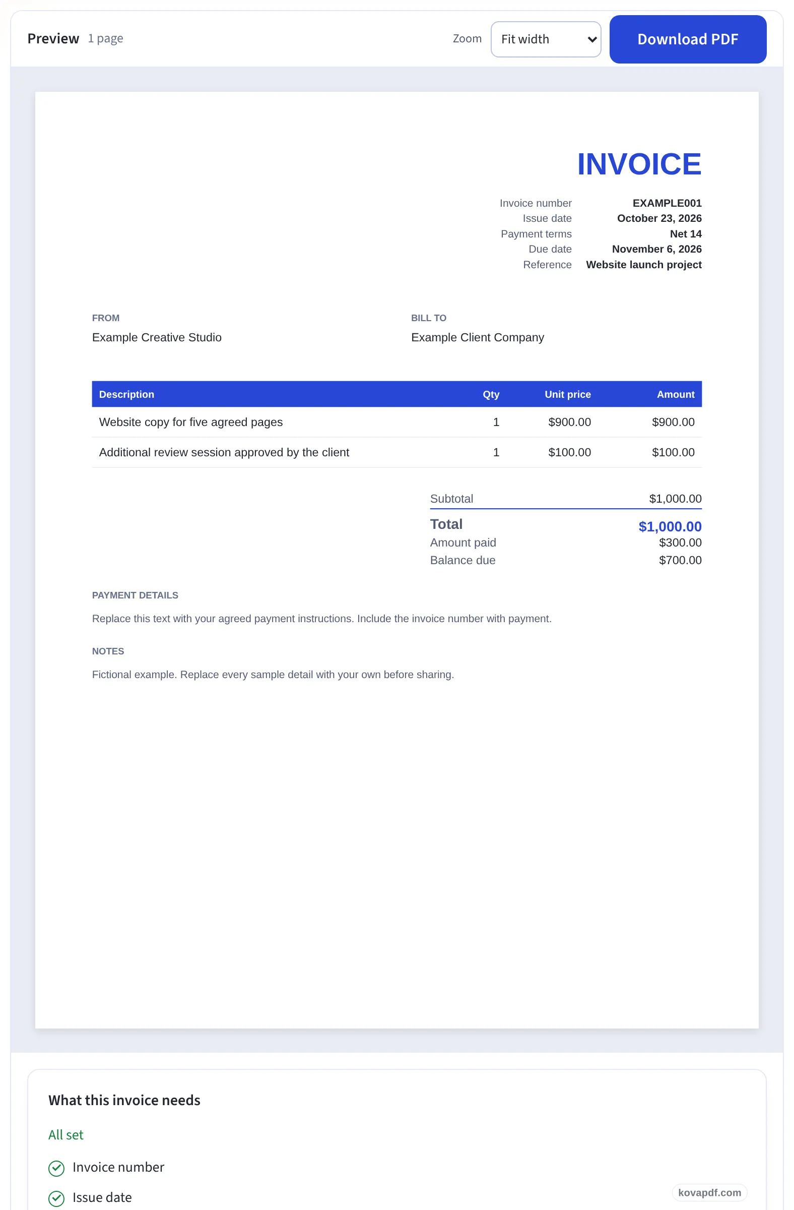 The Freelance Invoice Generator preview with the Download PDF button
