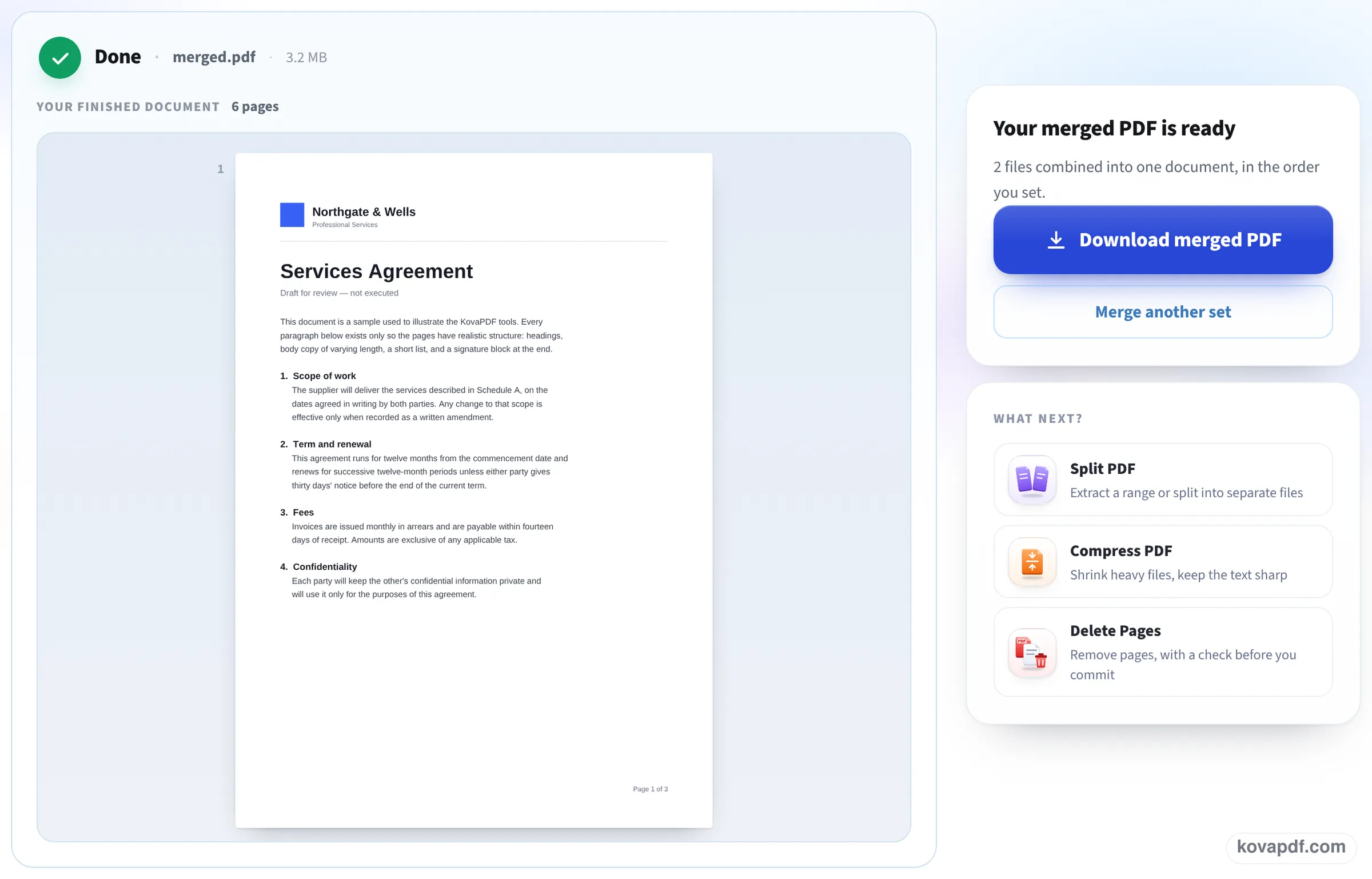 The Done screen for merged.pdf with a preview of page 1, the page count and the Download merged PDF button