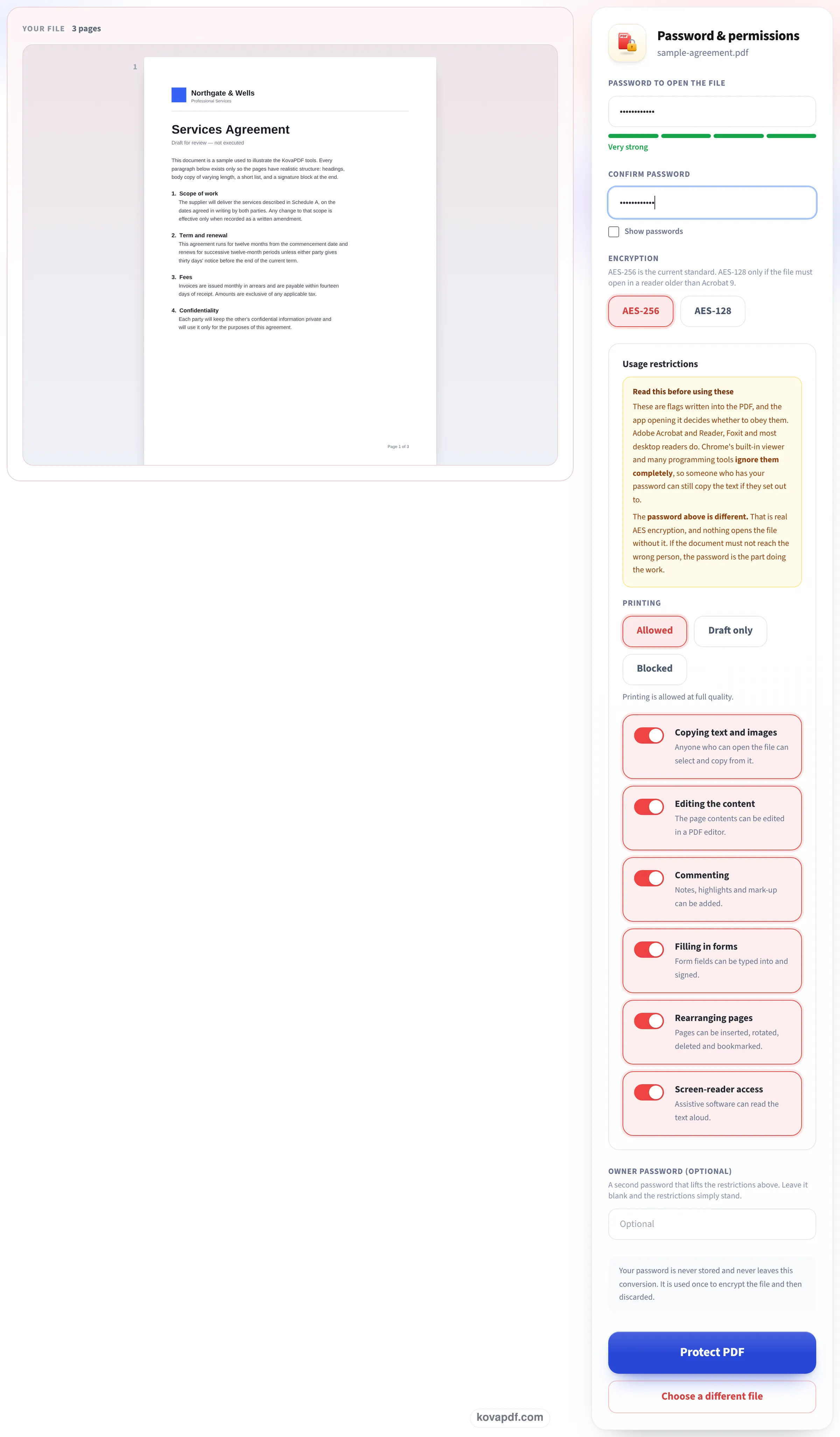 The Password and permissions panel with both password boxes filled, the strength bar, AES-256 selected, the printing and permission switches and the Protect PDF button