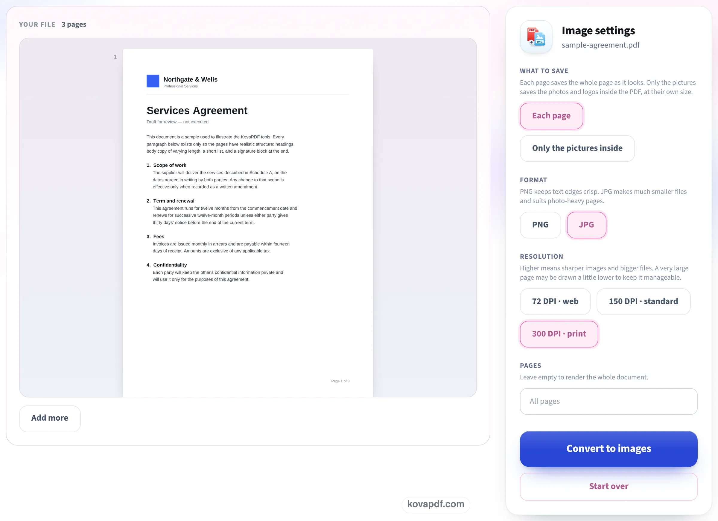 The settings panel with Each page, JPG and 300 DPI print selected and the Pages box empty