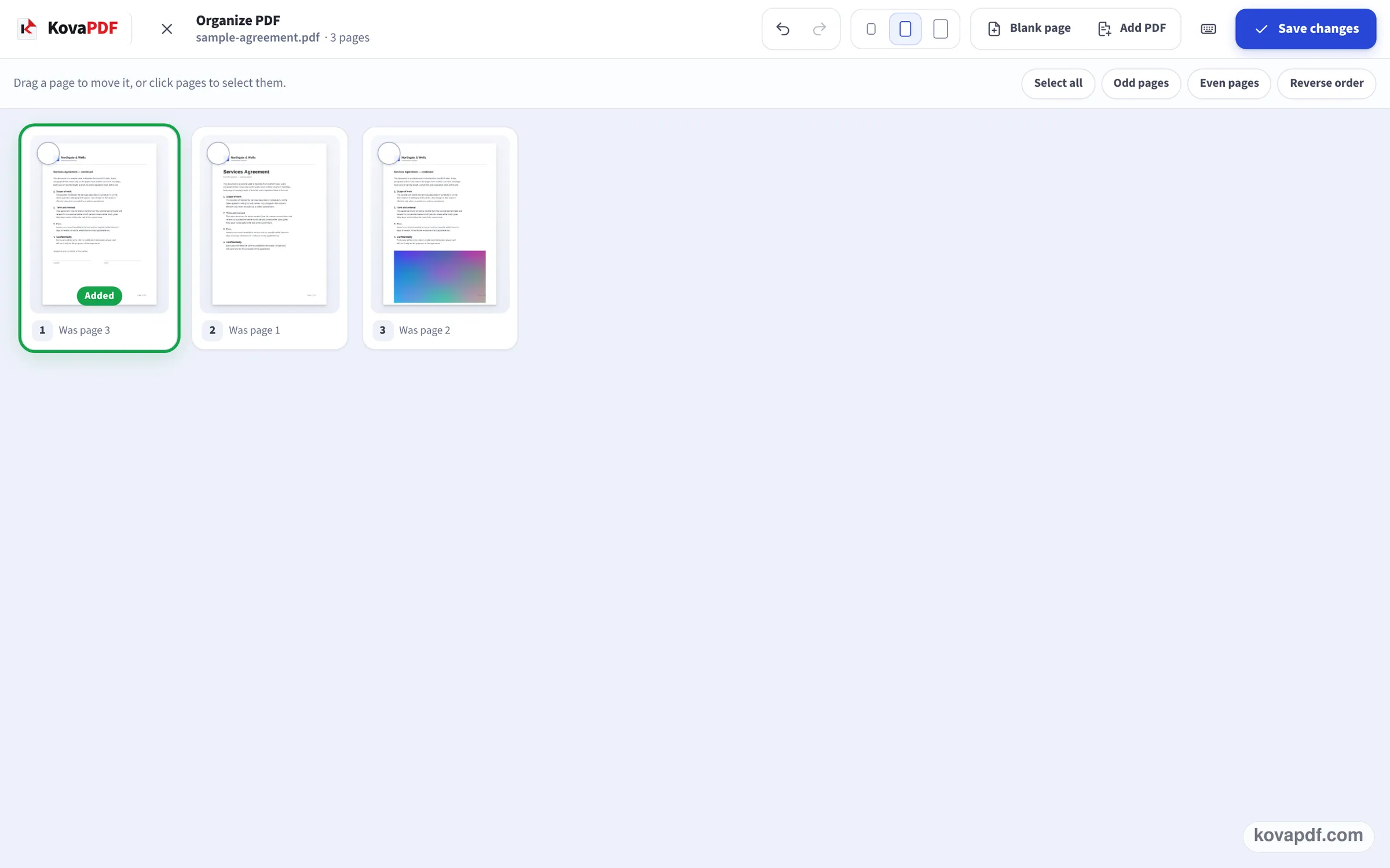 The page grid after the last page was dragged to the front, each thumbnail labelled with its old page number