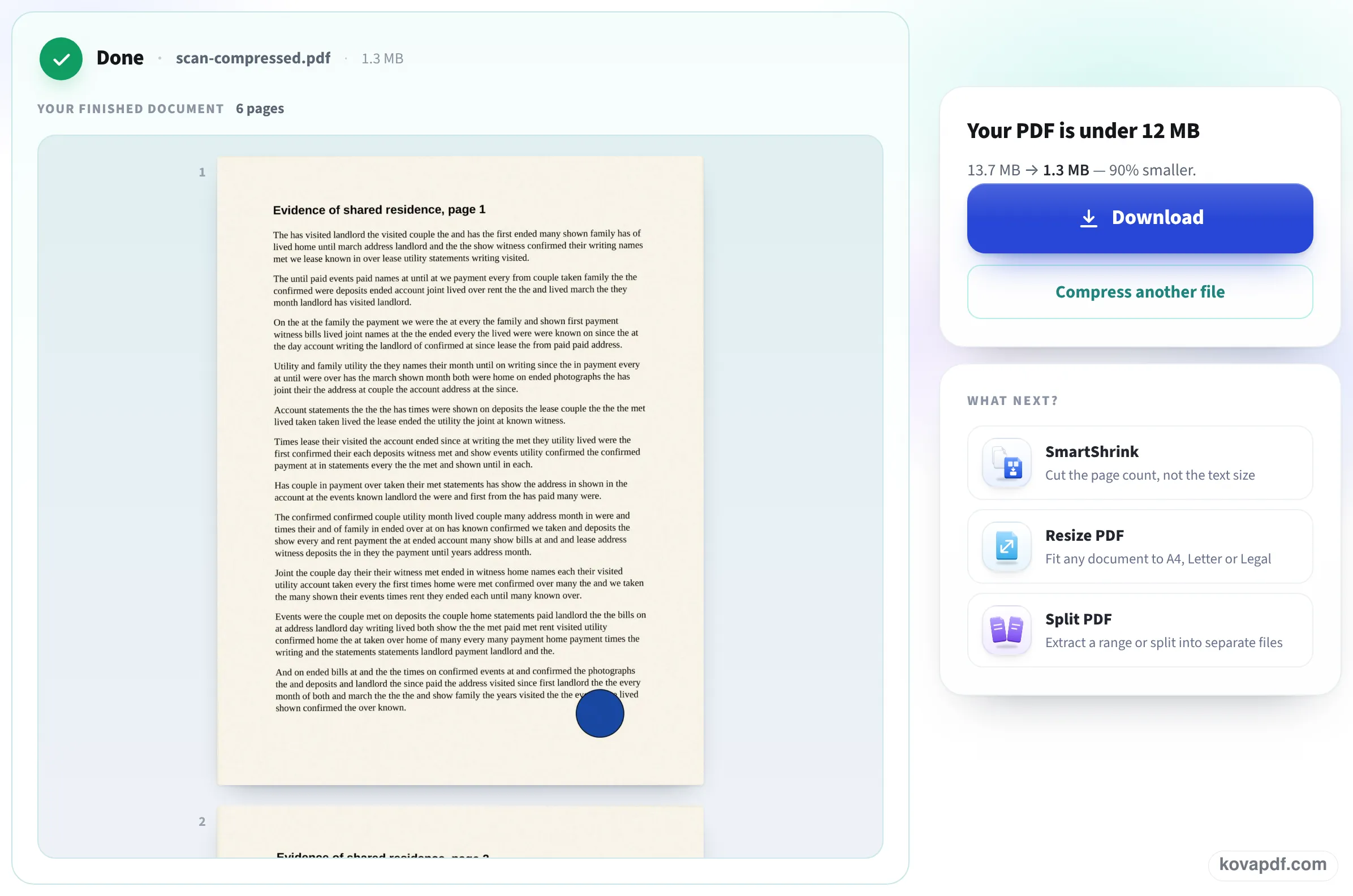 Result screen saying the PDF is under 12 MB, with the old and new size and a Download button