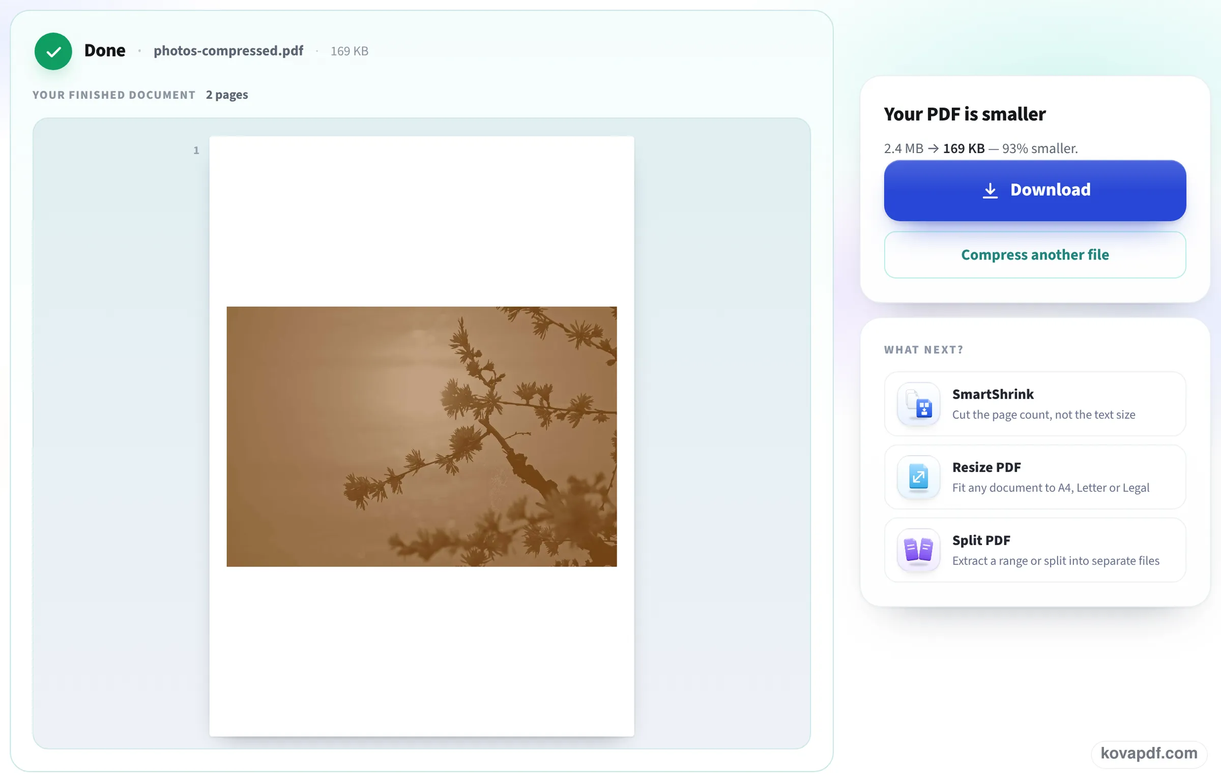 The result screen showing how much smaller the PDF became, with the Download button