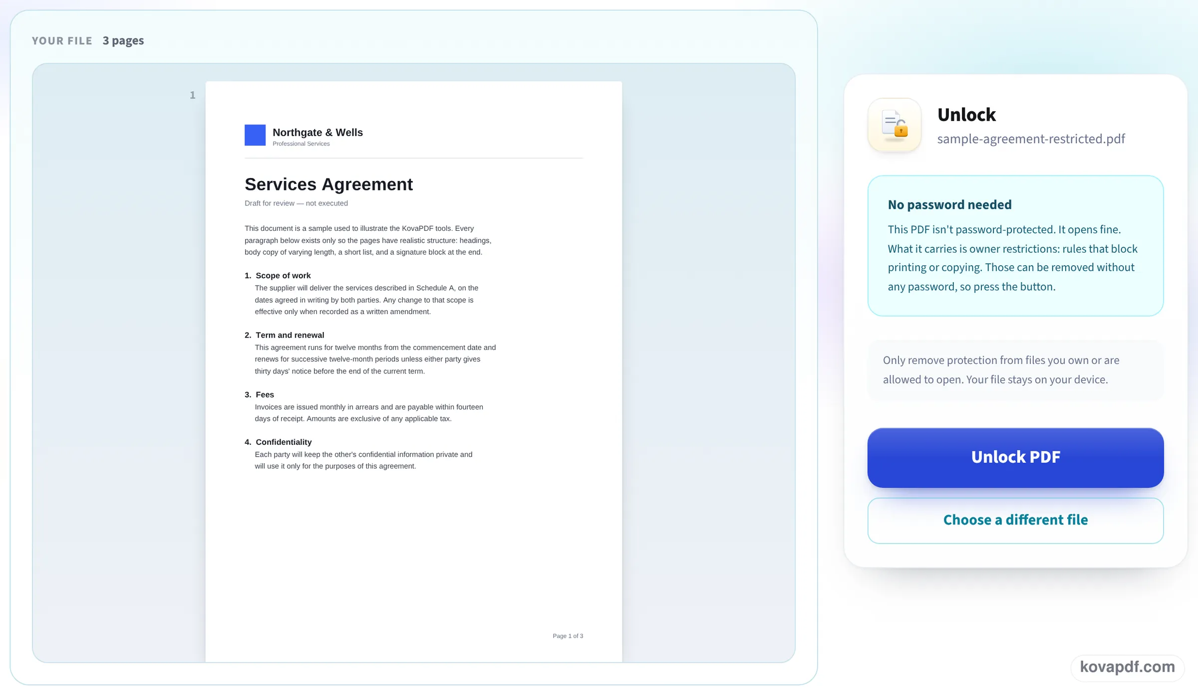 The Unlock panel reading No password needed with an explanation of owner restrictions, beside the open first page, and the Unlock PDF button