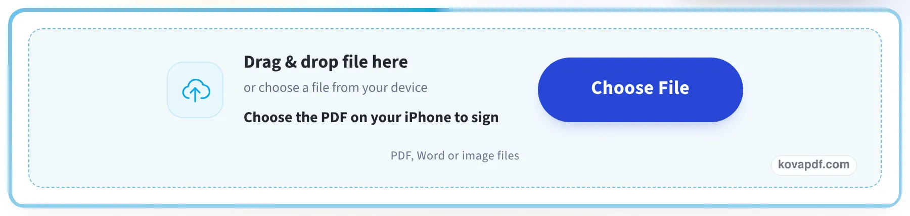 The upload box on the Sign PDF on iPhone page, asking for the PDF on your iPhone to sign