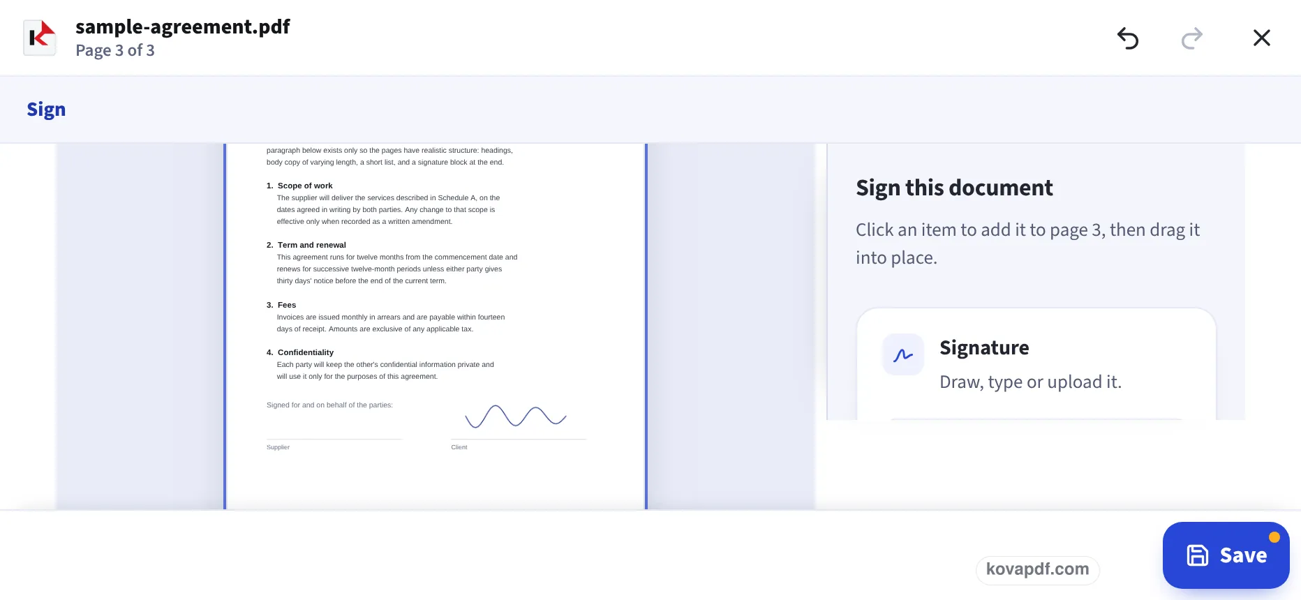 The phone layout of the editor with a hand-drawn signature on the Client line of page 3 and the Save button at the bottom right