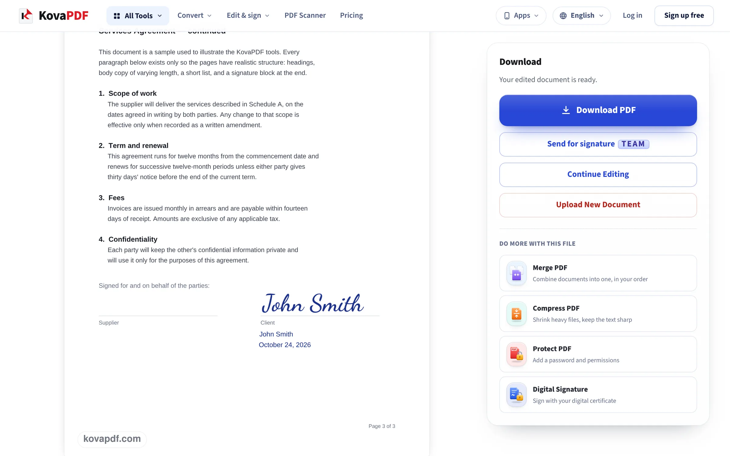 The download screen showing the signed page 3 with the signature, name and date on the Client line