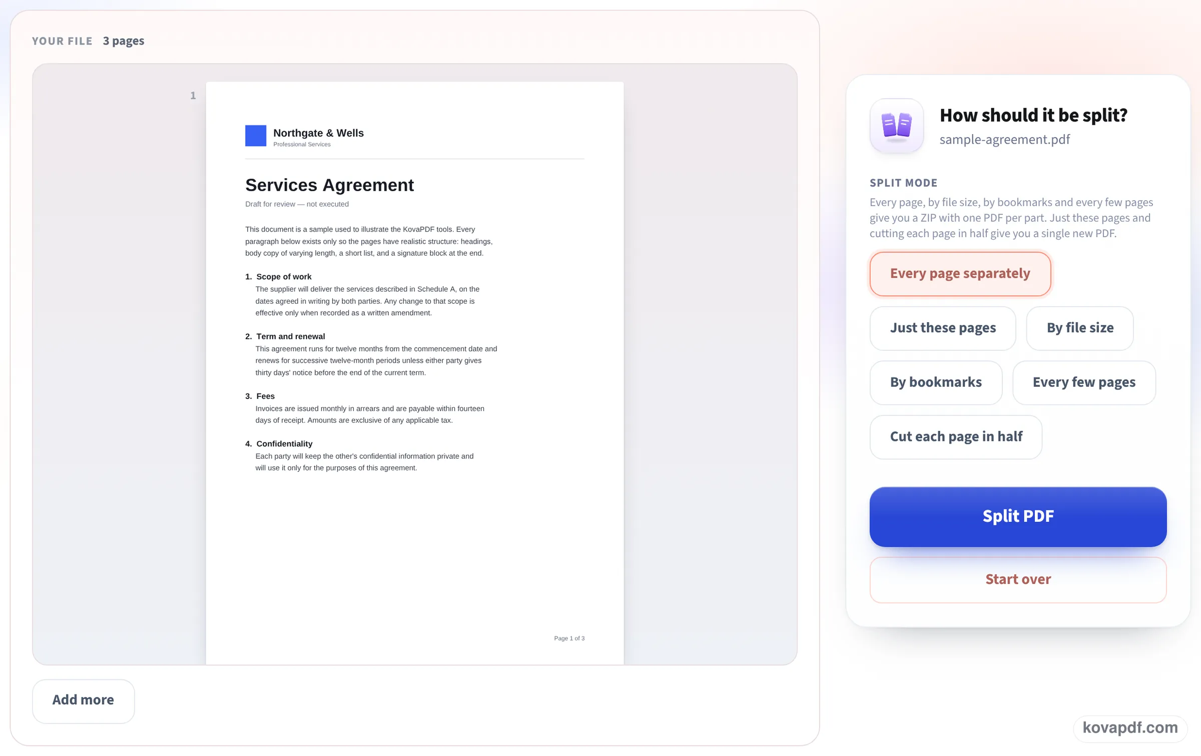 The split screen with the mode Every page separately highlighted and the Split PDF button