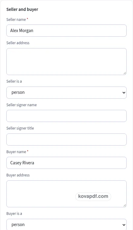 Add your own details: bill of sale generator with sample details