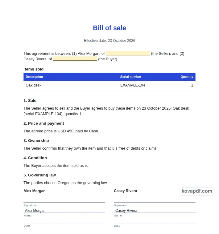 Read the filled document: bill of sale generator with sample details