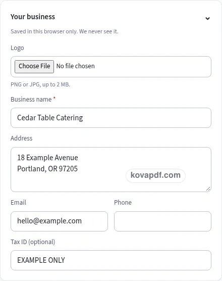 Add your own details: catering invoice template with sample details