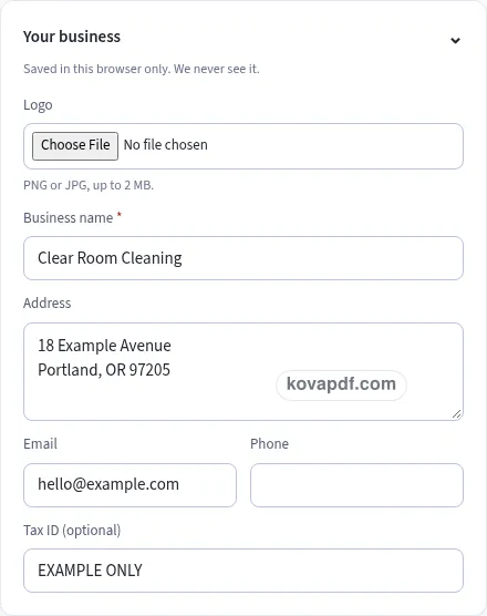 Add your own details: cleaning invoice template with sample details