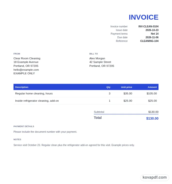 Read the filled document: cleaning invoice template with sample details