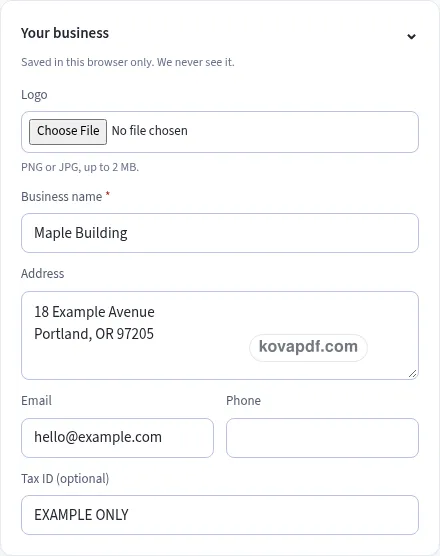 Add your own details: construction invoice template with sample details