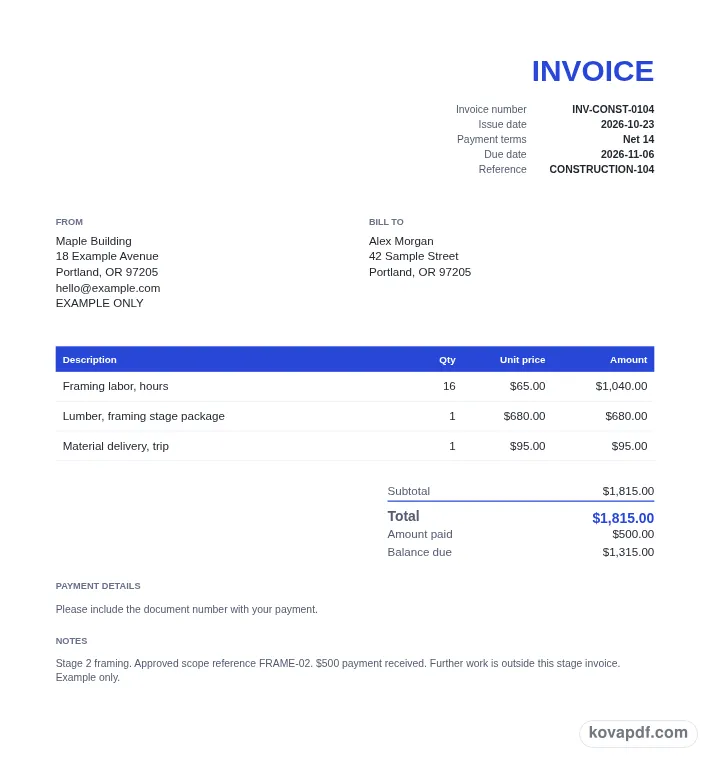 Read the filled document: construction invoice template with sample details