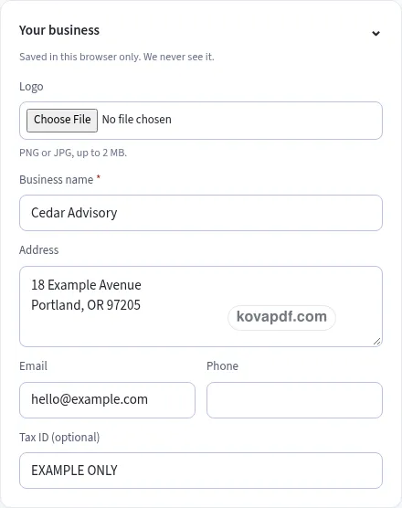Add your own details: consulting invoice template with sample details