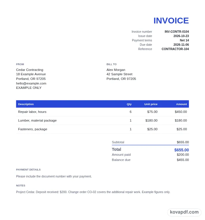 Read the filled document: contractor invoice template with sample details