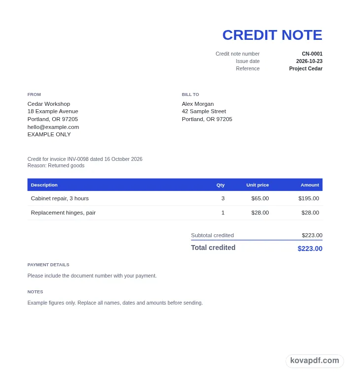 Read the filled document: credit note generator with sample details