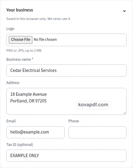 Add your own details: electrician invoice template with sample details