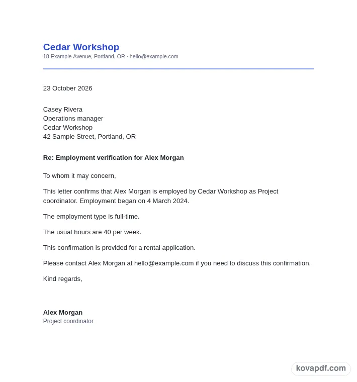 Read the filled document: employment verification letter generator with sample details