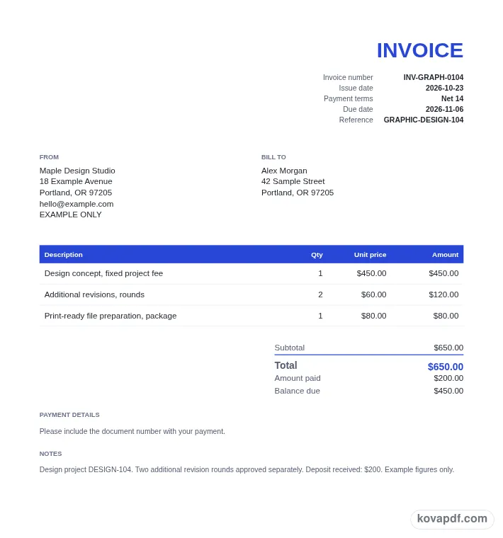 Read the filled document: graphic design invoice template with sample details